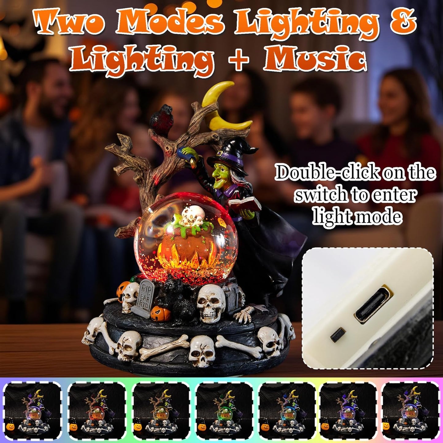 Halloween Snow Globe Lantern with Music - Lighted Witches, Ravens, Pumpkins & Black Cat Glitter Lantern, Witch Black Cat Halloween Decorations Indoor for Spooky Party Home Décor