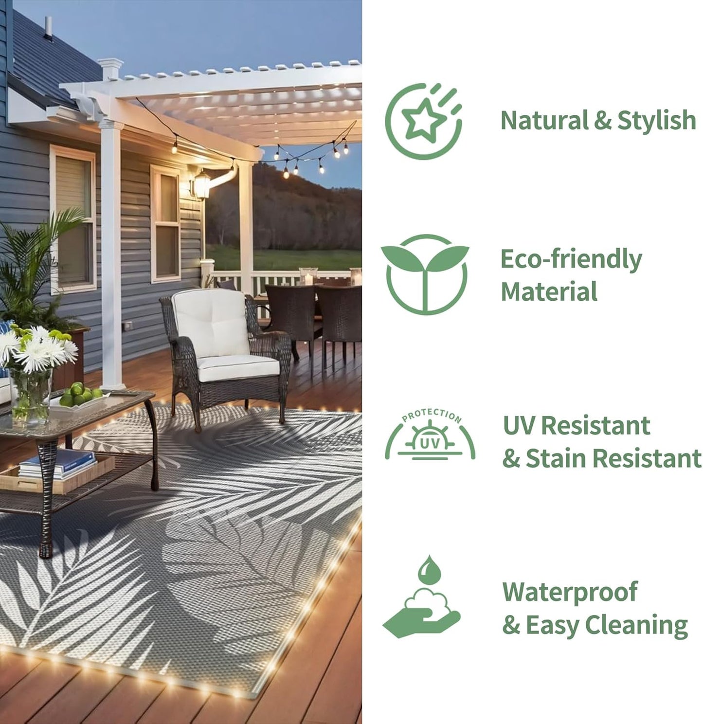 GENIMO Outdoor Rug 9' x 12' Waterproof for Patios Clearance, Reversible Outdoor Plastic Straw Camping Rug Carpet with LED String Light, Area Rugs Mats for RV, Camper, Deck, Balcony, Porch, Grey&White