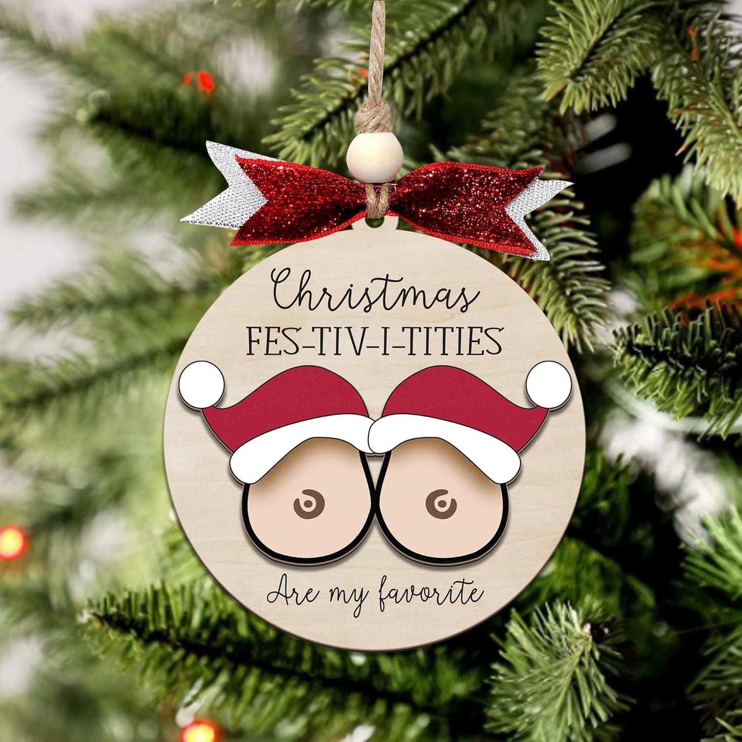 Funny Christmas Ornament – Adult Humor Naughty Holiday Gag Gift for White Elephant & Secret Santa, Wooden Round Tree Decoration with Festive Pun Quote, Hilarious Gift Exchange Ornament