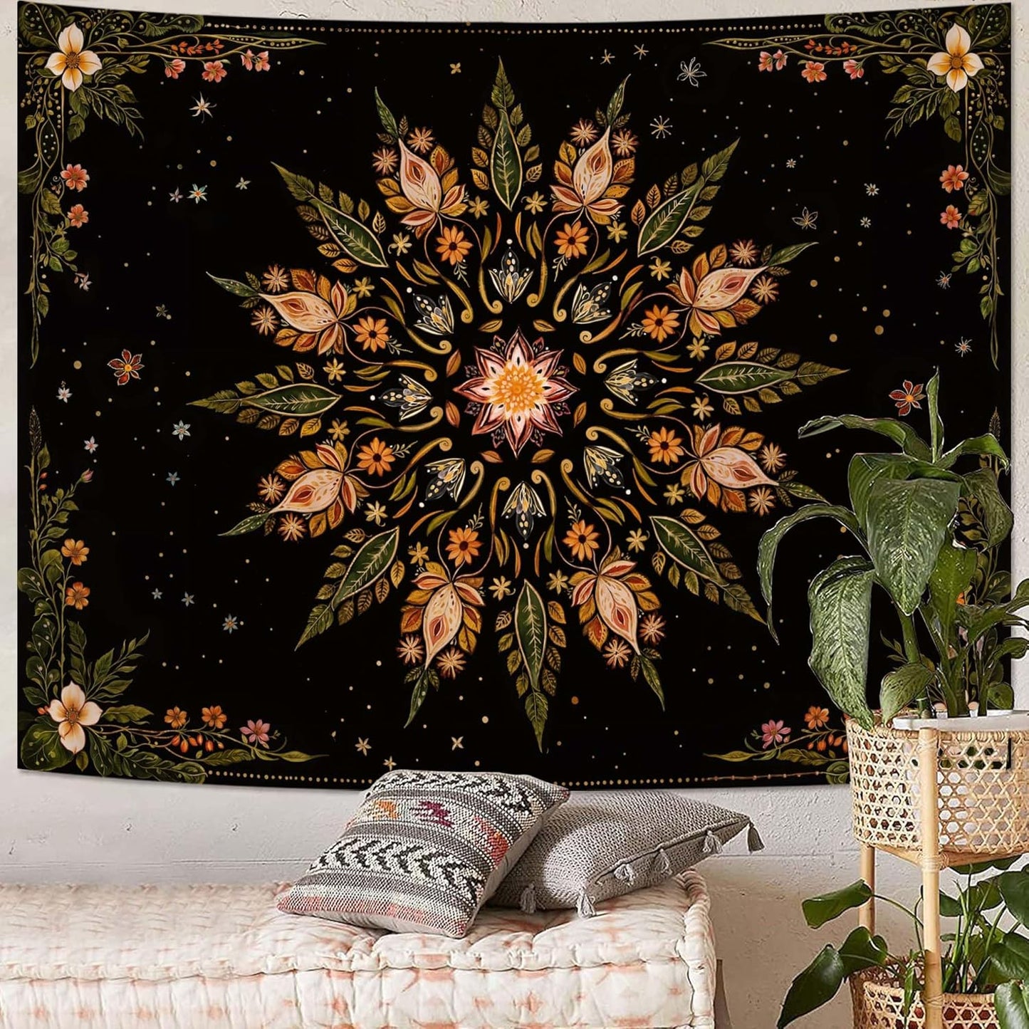 Fowocu Boho Floral Mandala Tapestry for Bedroom Aesthetic Vintage Bohemian Flower Wall Tapestry Black Green Hippie Indian Extra Large Tapestries Wall Hanging for Living Room Dorm Decor 90 x 68 Inch