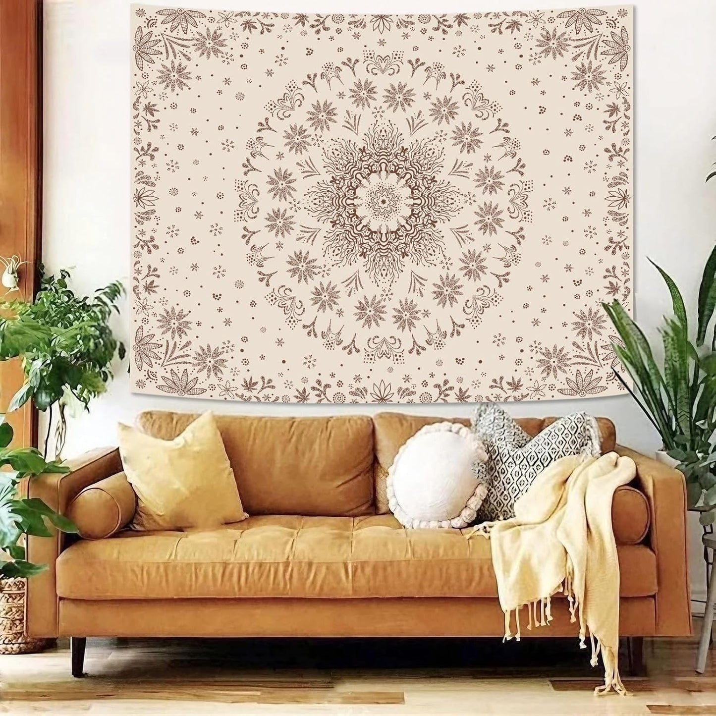 Fowocu Boho Floral Mandala Tapestry Wall Hanging Bohemian Flower Medallion Tapestry Aesthetic Beige Brown Hippie Indian Small Tapestries for Bedroom Living Room Dorm Decor 40 x 30 Inch