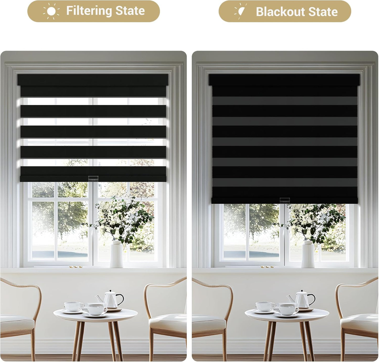 Cordless Zebra Blinds for Windows, Blackout Interior Blinds,Easy to Install,UV Protection,for Offices and Home,Custom Roller Shades, Solid Black, 27" W x 36" H