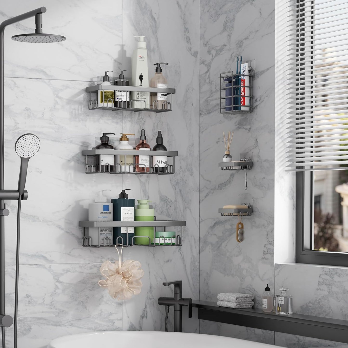 Veken 6-Pack Rustproof & Waterproof Shower Caddy, Adhesive Shelves Rack, Large Capacity Bathroom, College Dorm & Apartment Organizers, No-Drill Wall Mount Living Room & Bedroom Decor, Light Grey