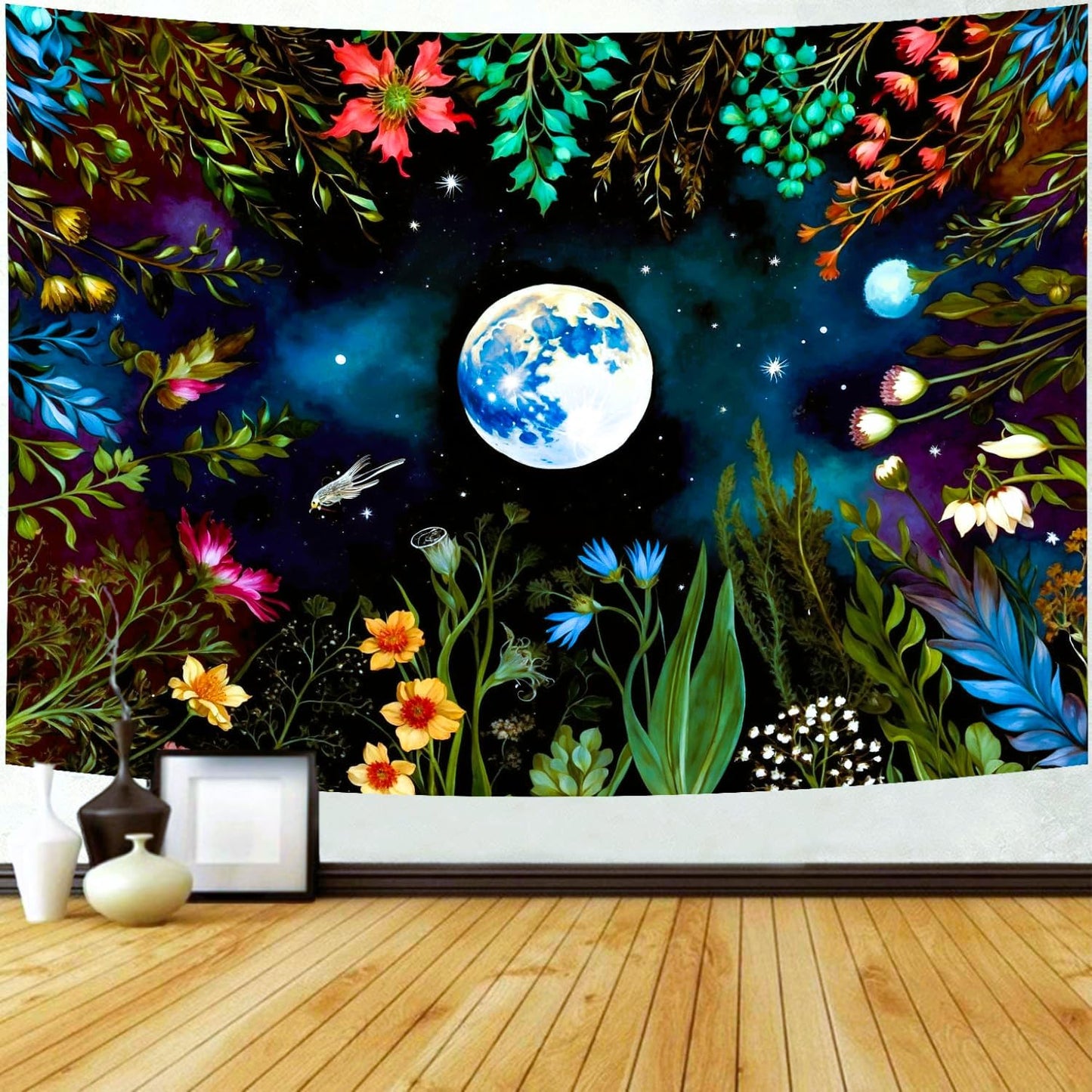 Delur Moonlit Garden Tapestry Boho Moon Floral Plant Tapestry Wall Hanging Colorful Flower Botanical Nature Night Landscape Headboard for Bedroom Living Room Home Decor (51.2" x 59.1")