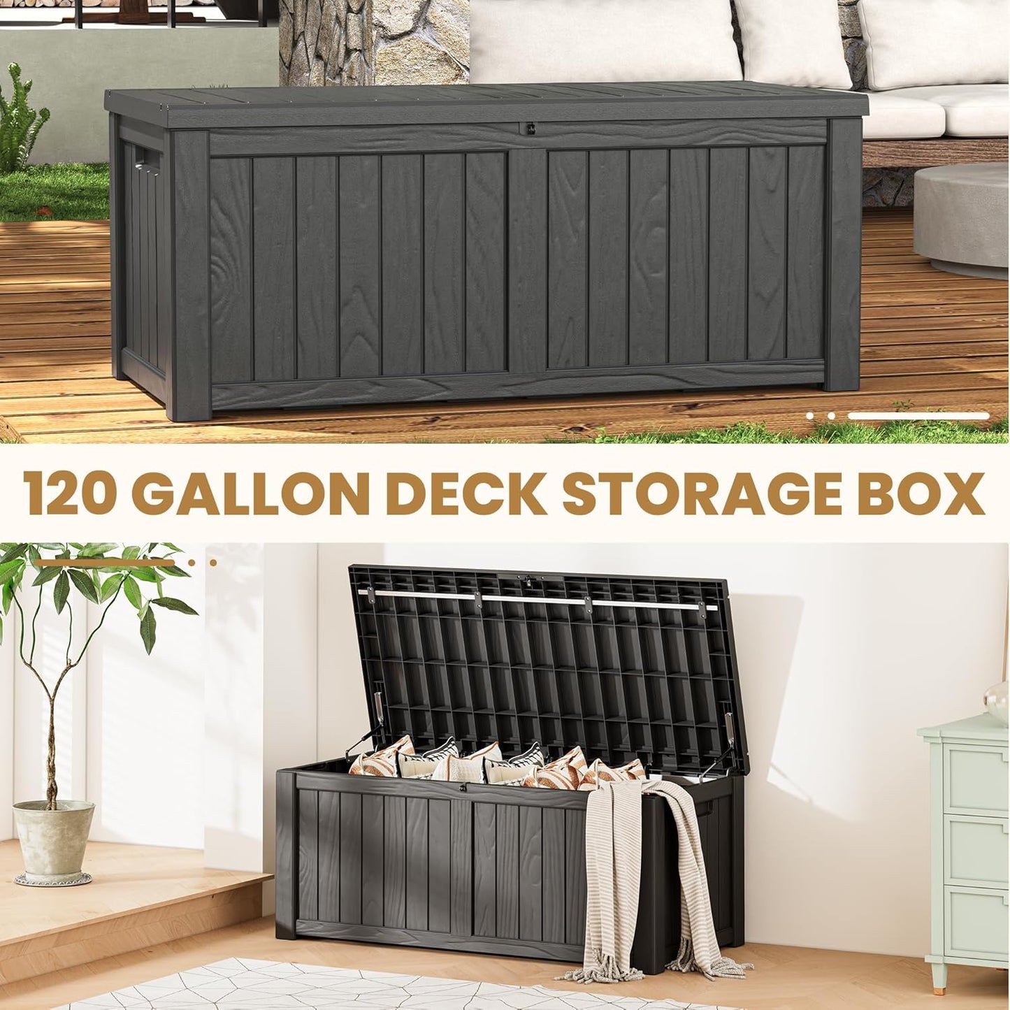 Deck Box, 120 Gallon Outdoor Storage Box Lockable Patio Waterproof for Furniture, Garden Tools, Sports Equipment and Pool Supplies, Waterproof, Resin, Lockable