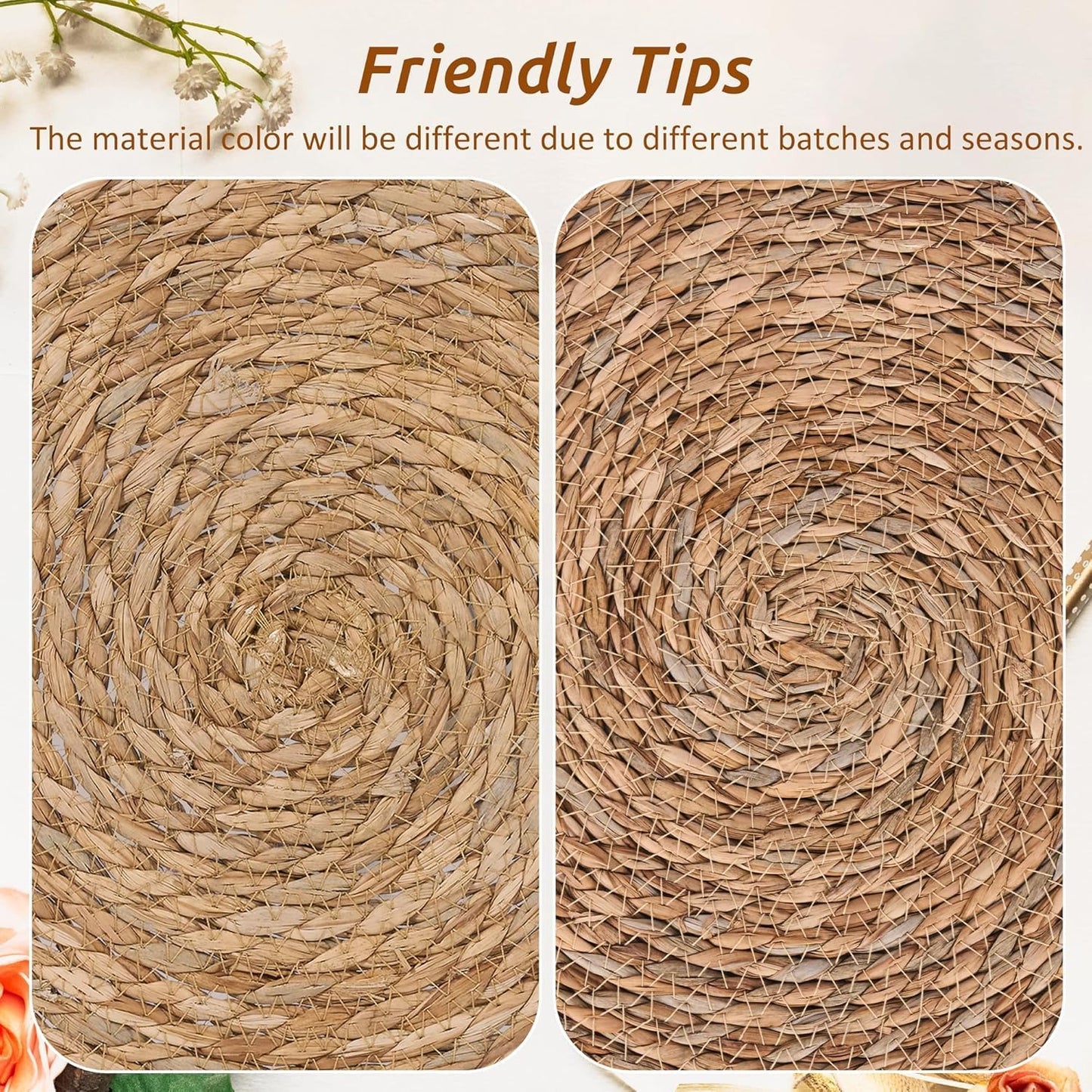 Defined Deco Woven Placemats Set of 10, 13" Round Rattan Placemats,Natural Hand-Woven Water Hyacinth, Farmhouse Weave Place Mats, Rustic Braided Wicker Table Mats for Dining Table, Home, Wedding