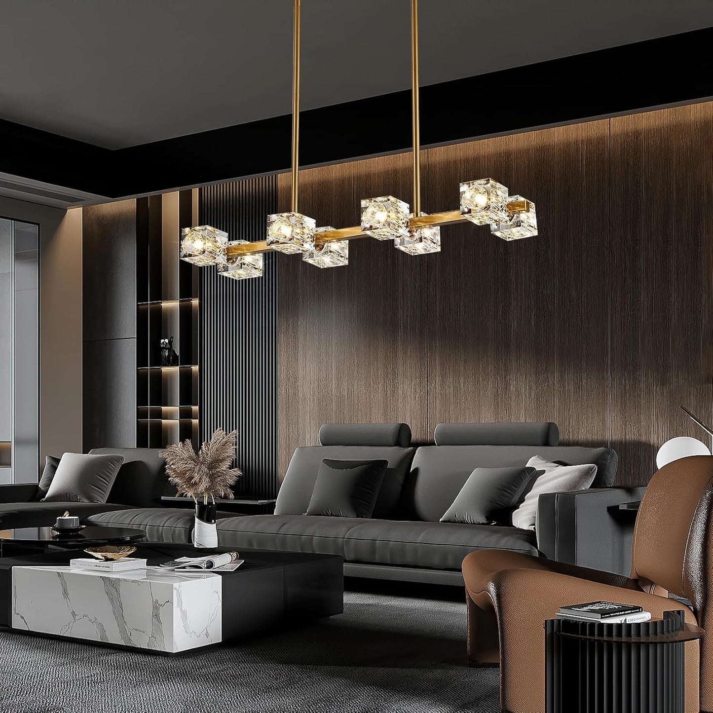 Dining Room Light Fixture,Gold Modern Crystal Chandelier Rectangular Pendant Light with 8 Light Farmhouse Chandeliers for Kitchen Island Dining Room Living Room Bedroom