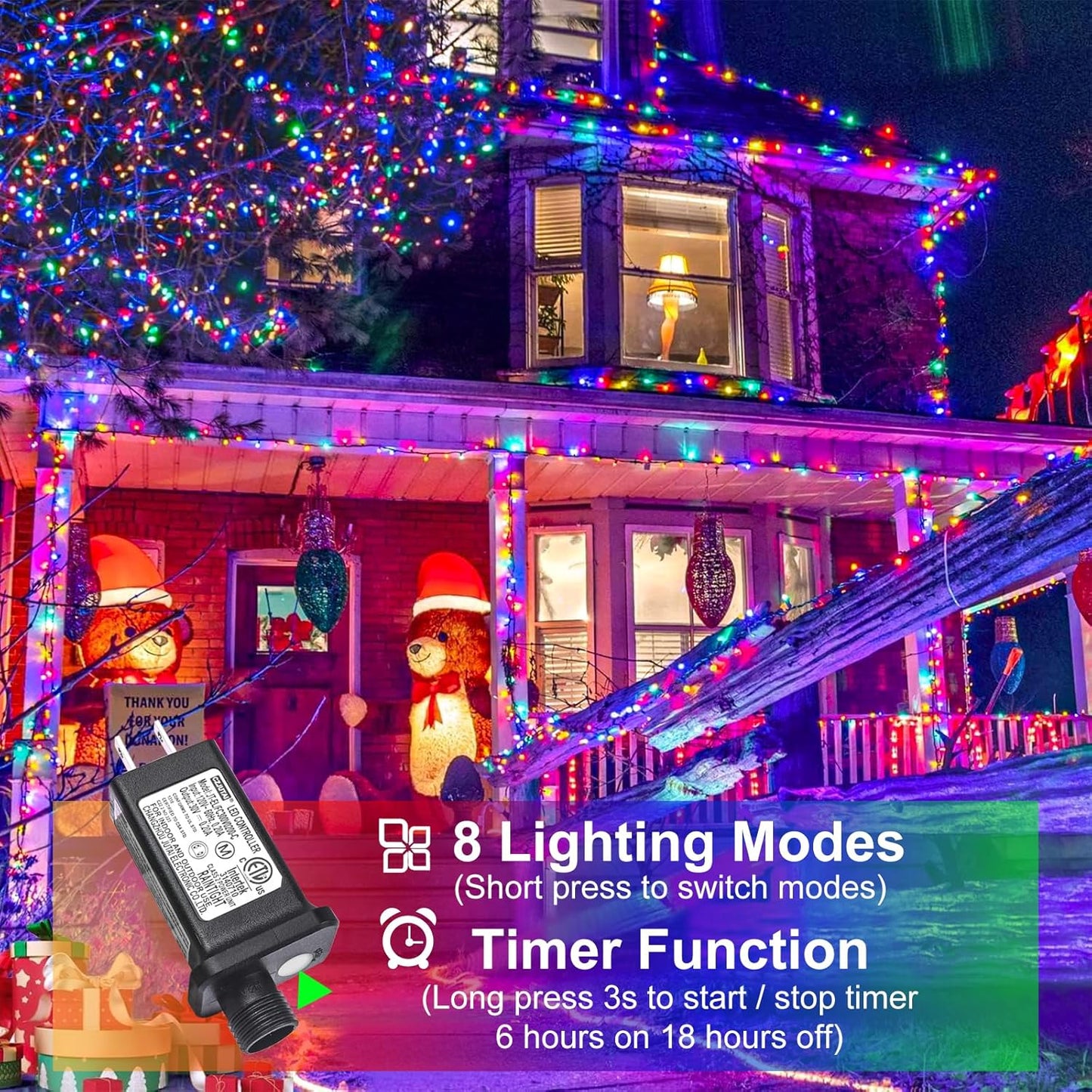 2 Pack Christmas Lights Outdoor, Total 200FT 600LED Christmas Tree Lights with 8 Modes Waterproof, Green Wire Dtring Twinkle Lights for Indoor Patio Garden Xmas Party Decorations, Multicolor