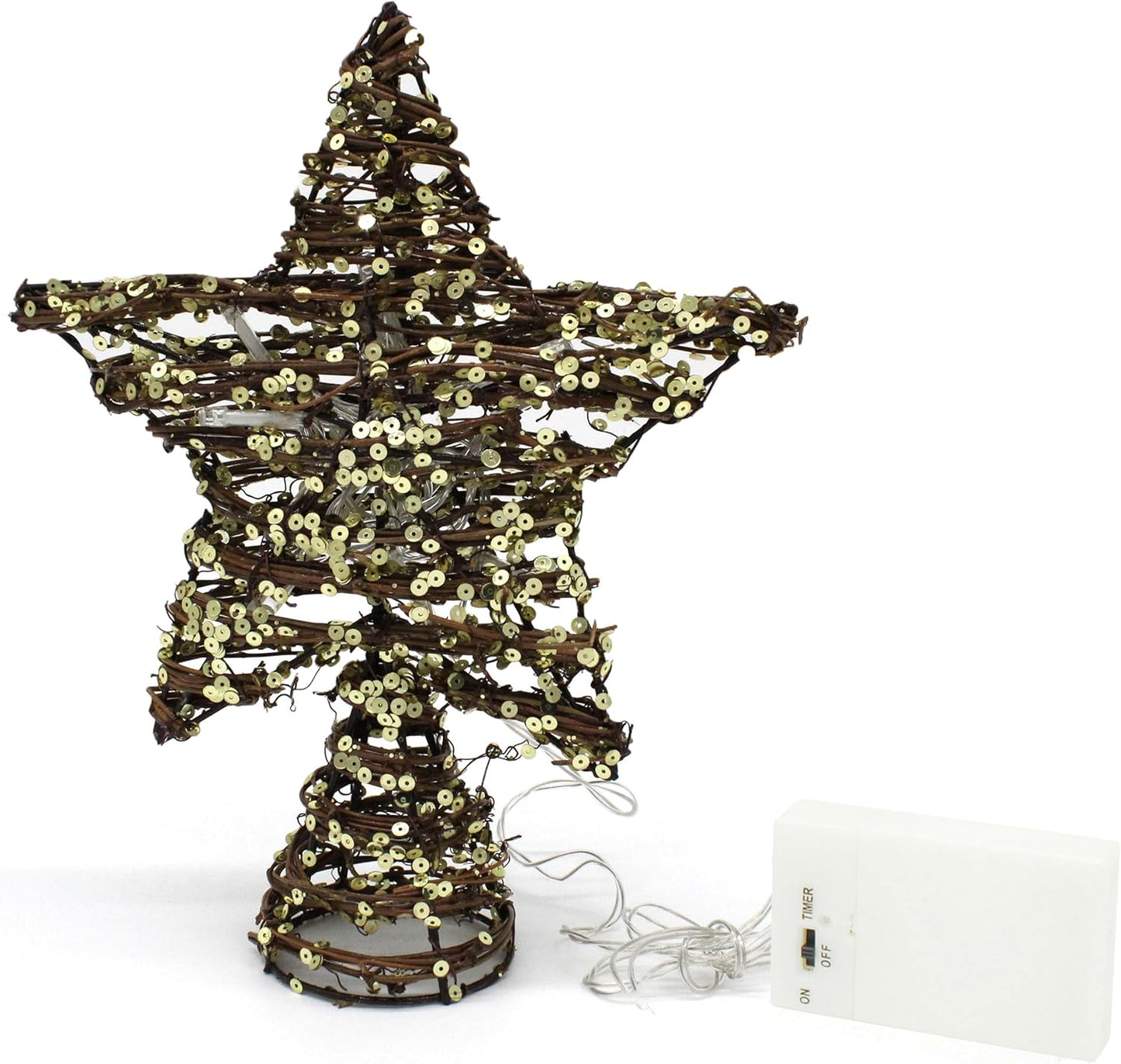CVHOMEDECO. Rattan Star Christmas Tree Topper with LED Lights, Rustic Farmhouse Style Tree Toppers Ornaments, 8 x 10 Inch