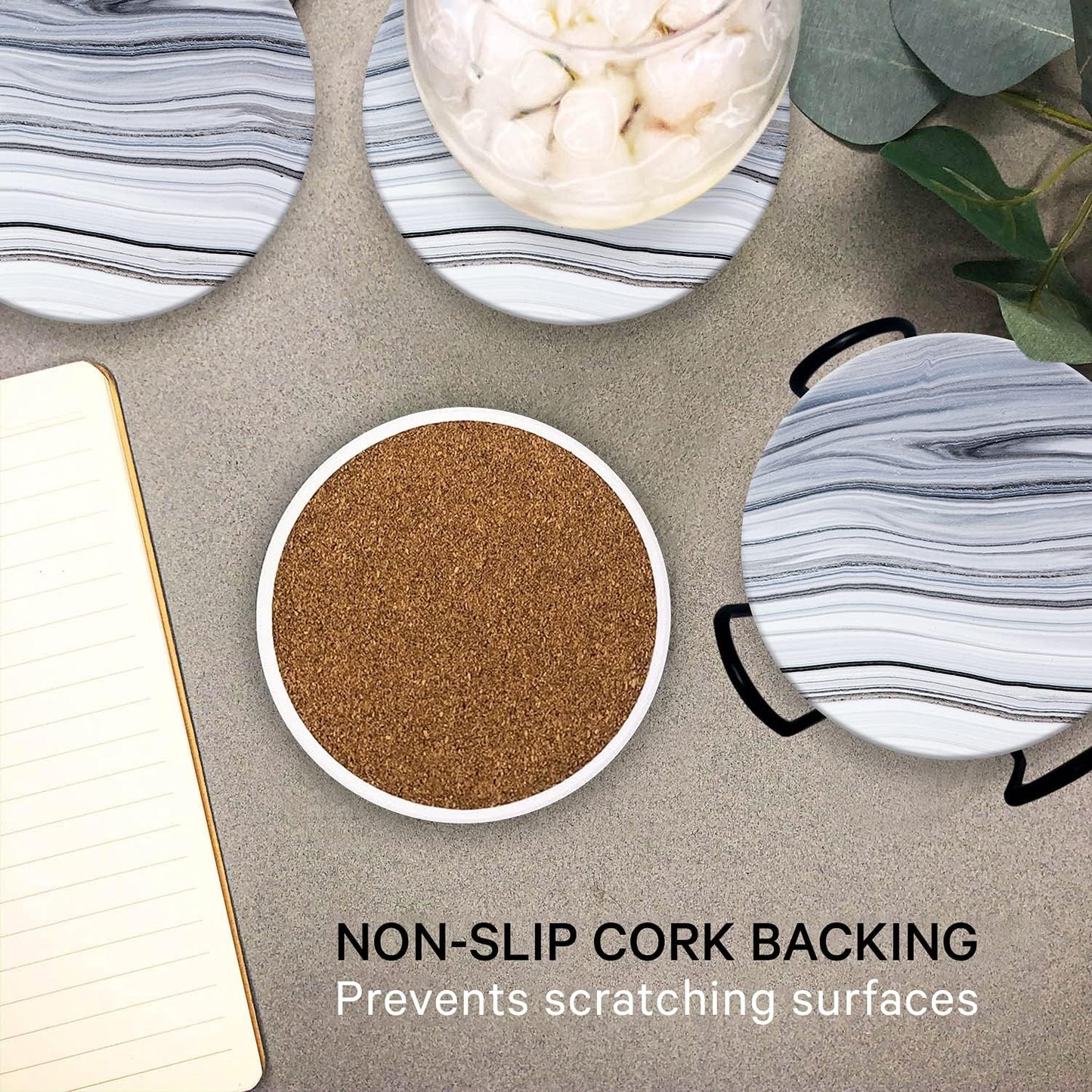 Emerson Coasters for Drinks Absorbent – Natural Stone Drink Coasters Set with Holder, Coasters for Coffee Table, Wooden Tabletop Protection Marble Style – 100% Heavy Duty Set of 6 (Sea)