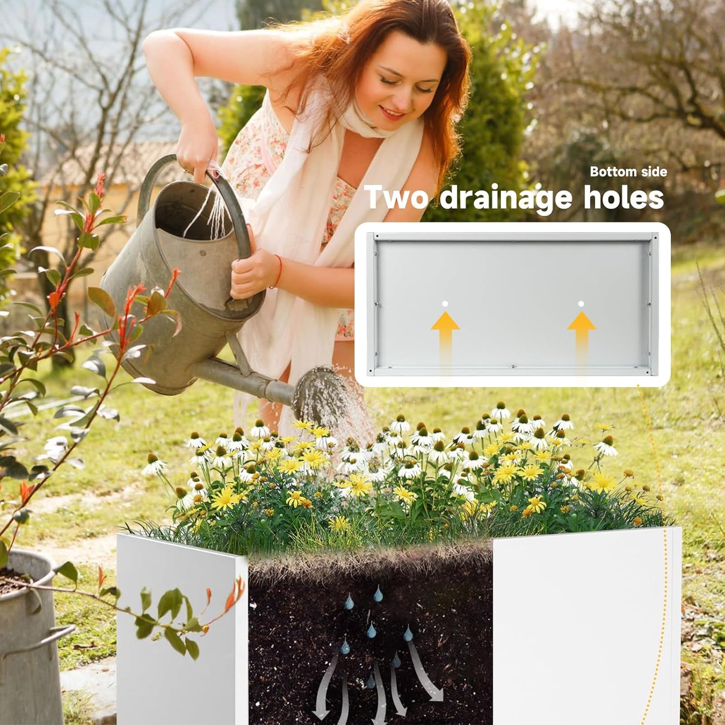 Galvanized Steel Garden Planter - White Matt Galvanized Metal Planter Box - Modern Metallic Heavy Planter - Indoor & Outdoor, Commercial & Residential (White, L36 x W12 x D16)