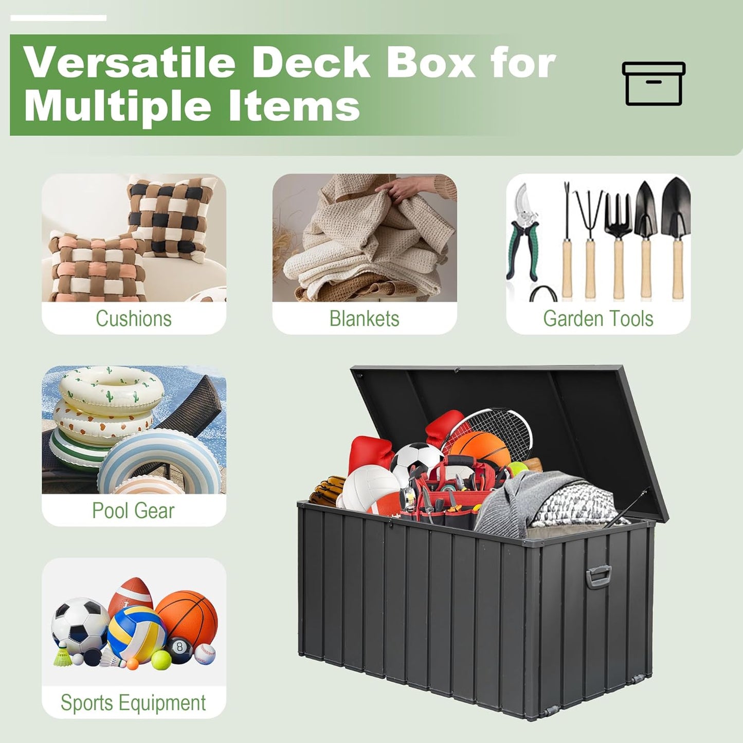 Domi 150 Gallon Deck Box, Outdoor Metal Lockable Storage Cabinet, Waterproof Steel Outdoor Bench with Lockable Lid, Side Handles & Rolling Casters for Outside Cushions, Pillows, Garden Tools, Grey