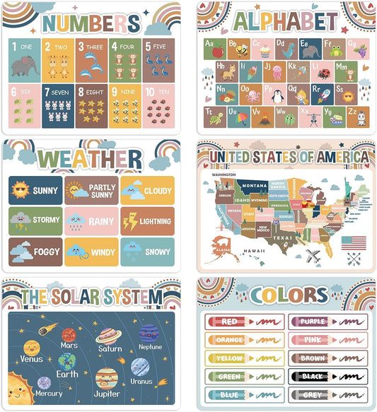 Educational Preschool Kids Placemats Set of 6 Boho Plastic Table Mats Toddler Children Montessori Place Mats for Kids Washable Holiday Desk Decoration for Indoor Outdoor Party Kitchen Dining Table