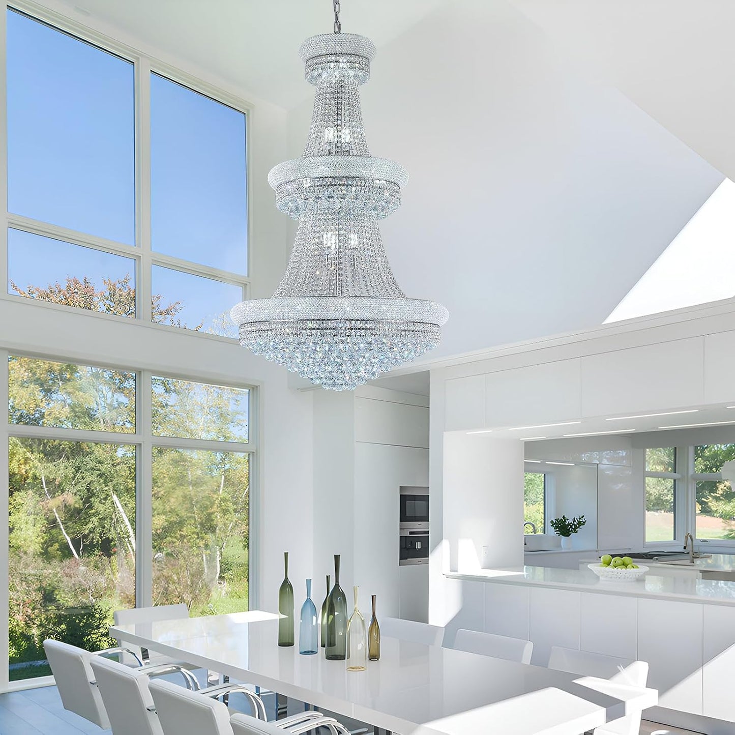 31 - Light Large Empire Crystal Chandelier for High Ceiling Foyer Entryway Staircase Living Room Dining Room Chrome Finish