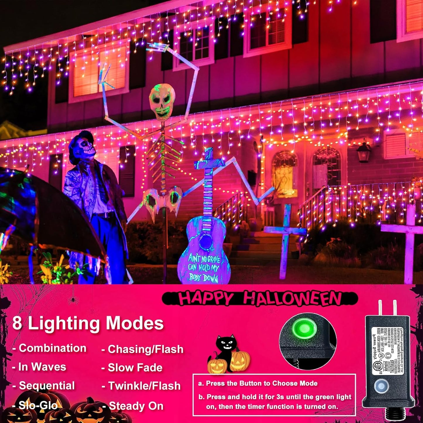 Halloween Icicle Lights, 66FT 640 LED Purple & Orange Icicle Lights for Outside with 8 Modes 120 Drops, Waterproof Plug in String Light for Indoor Outdoor House Yard Patio Party Holiday Decorations