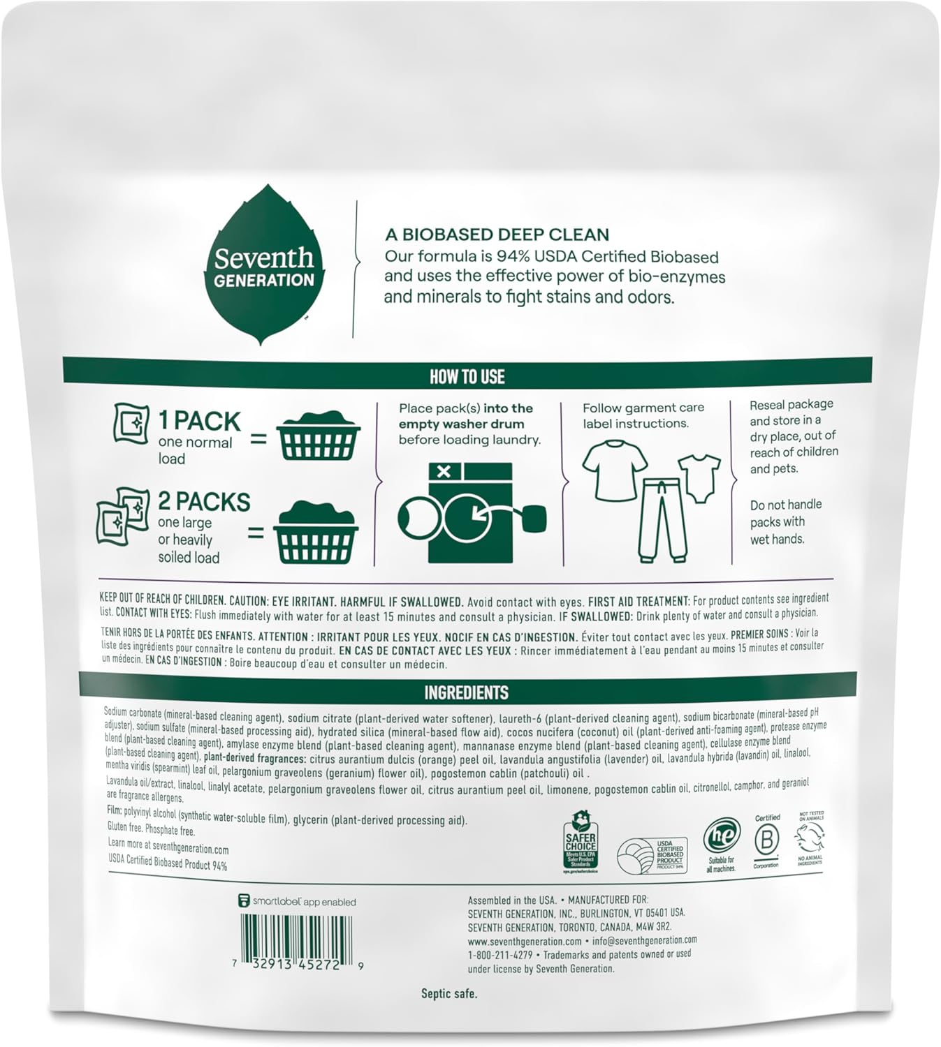 Seventh Generation Laundry Detergent Packs, Lavender, Biobased Deep Clean, EPA Safer Choice Certified, 64 Count