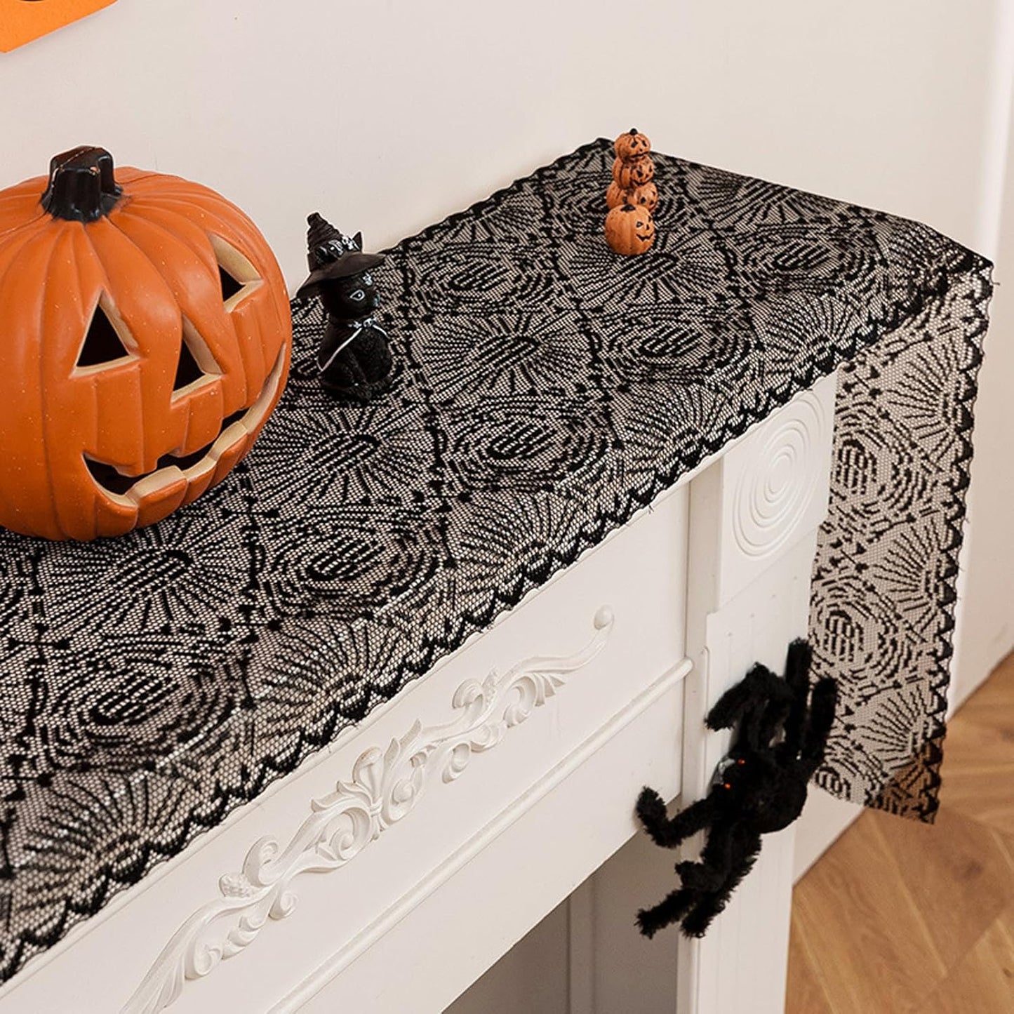 Halloween Black Lace Table Runner Ghost Hand Pattern Gothic Table Decorations Fireplace Mantel Scarf Halloween Indoor Party Tabletop Decor Supplies for Home Party 12×71 Inches
