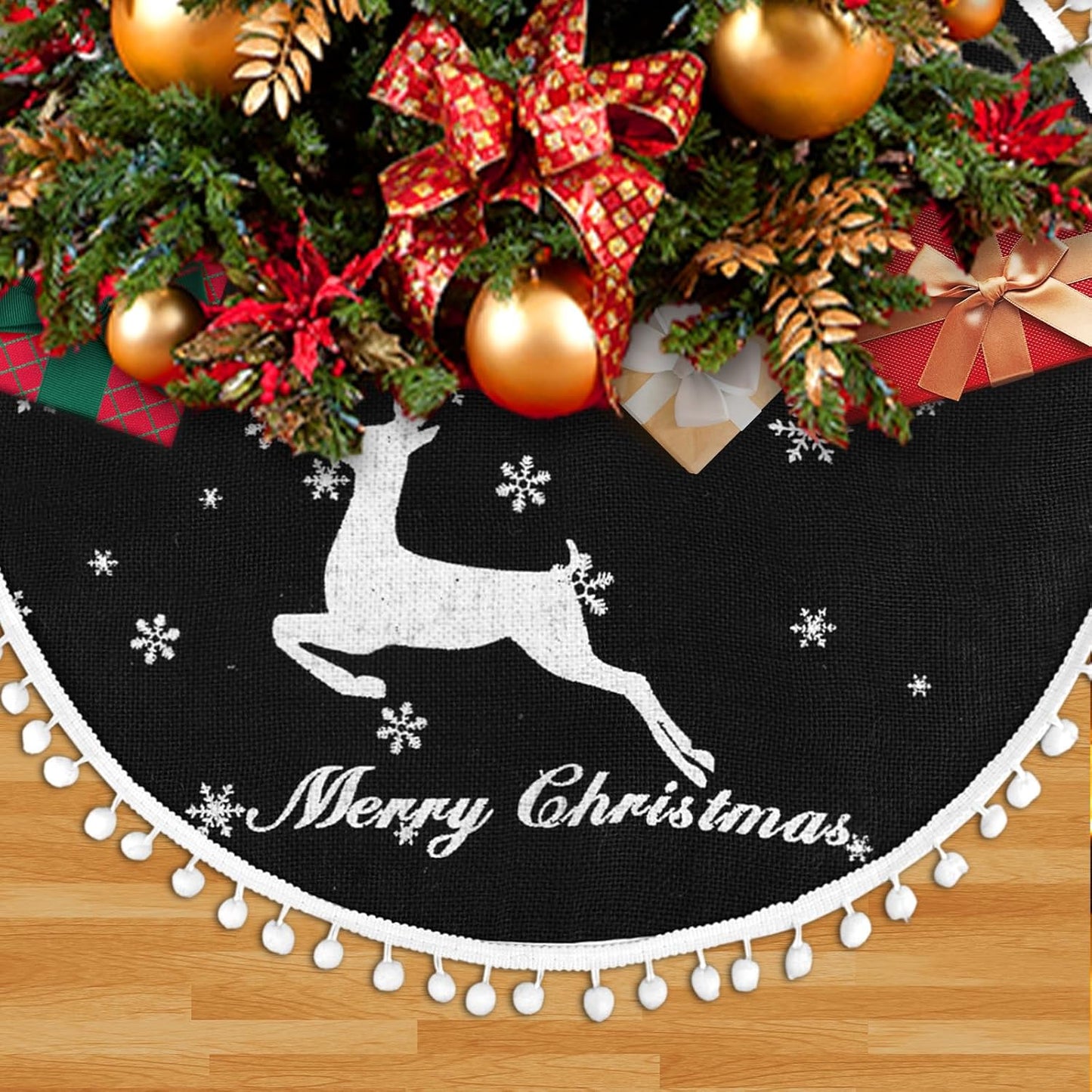 36 Inch Christmas Tree Skirt, Burlap Black Christmas Rustic Tree Skirt with Elk Deer and White Snowflake Printed for Holiday Party Xmas Tree Decoration
