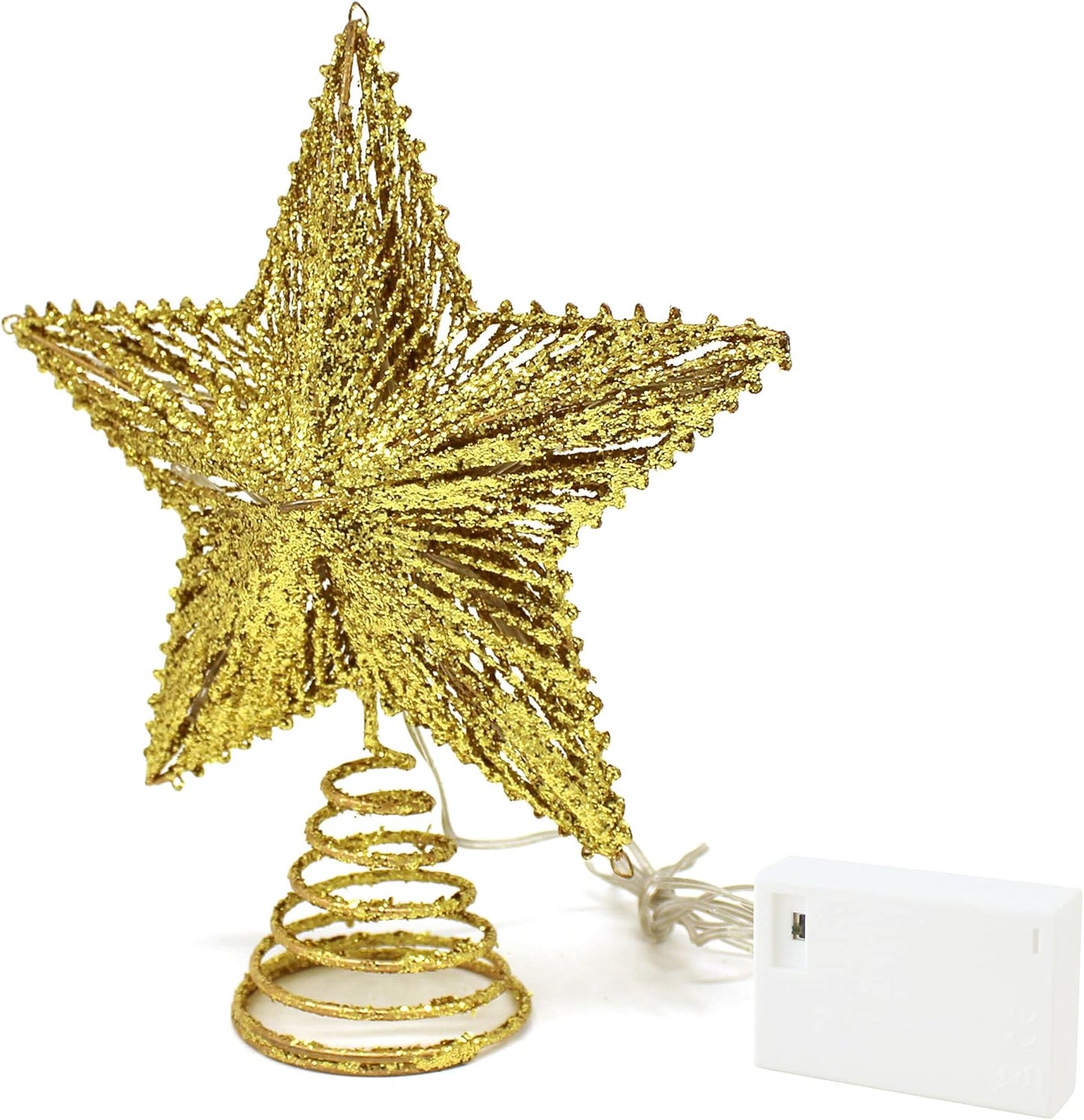 CVHOMEDECO. Gold Glittered 3D Tree Top Star with Warm White LED Lights and Timer for Christmas Tree Decoration and Holiday Seasonal Décor, 8 x 10 Inch