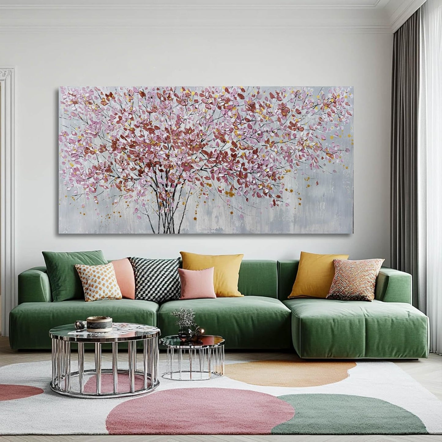 Gold and Pink Canvas Wall Decor Botanical Prints Floral Wall Art Line Painting for Living Room Tree Scenery Picture for Home Hotel 29x58 Inch