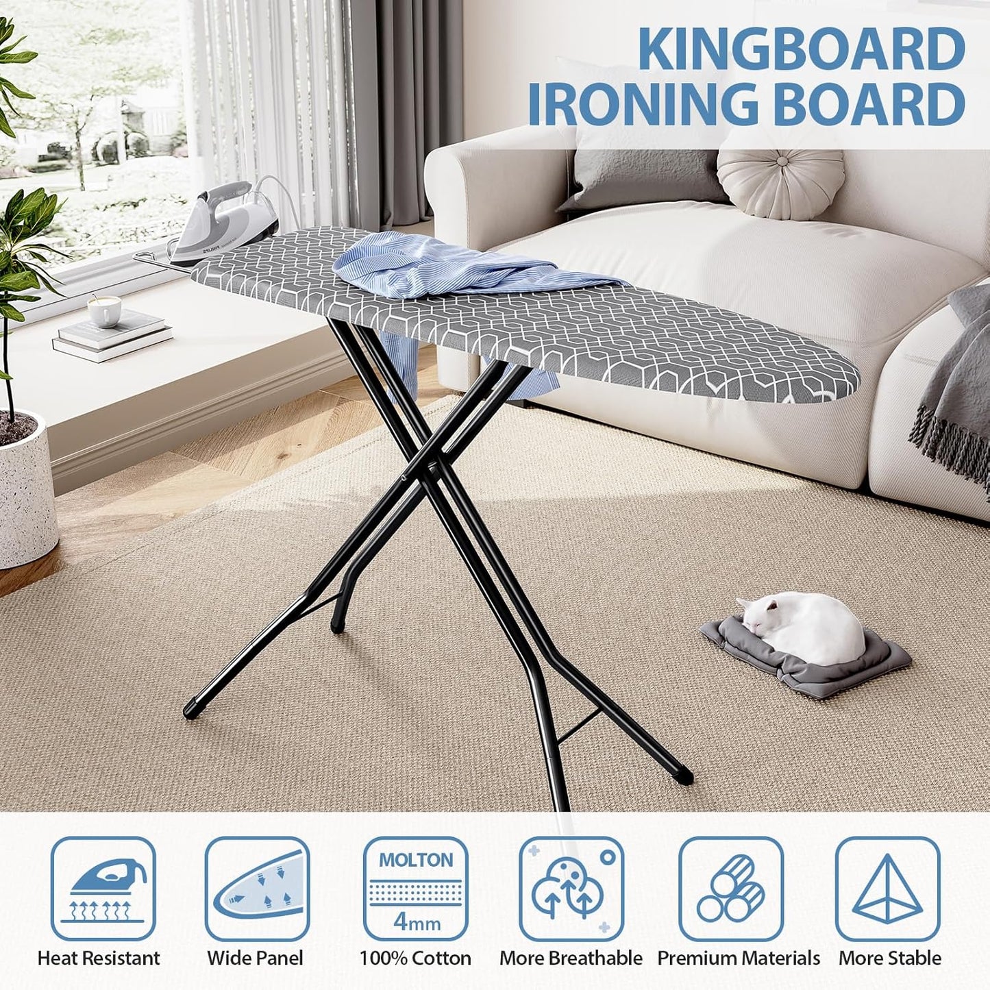 KINGBOARD Ironing Board, Foldable Iron Board with Iron Rest, Compact Ironing Board with Height Adjustable, Extra Thick Heat-Resistant Cover, Heavy-Duty Sturdy Metal Legs, 43x13 Grey