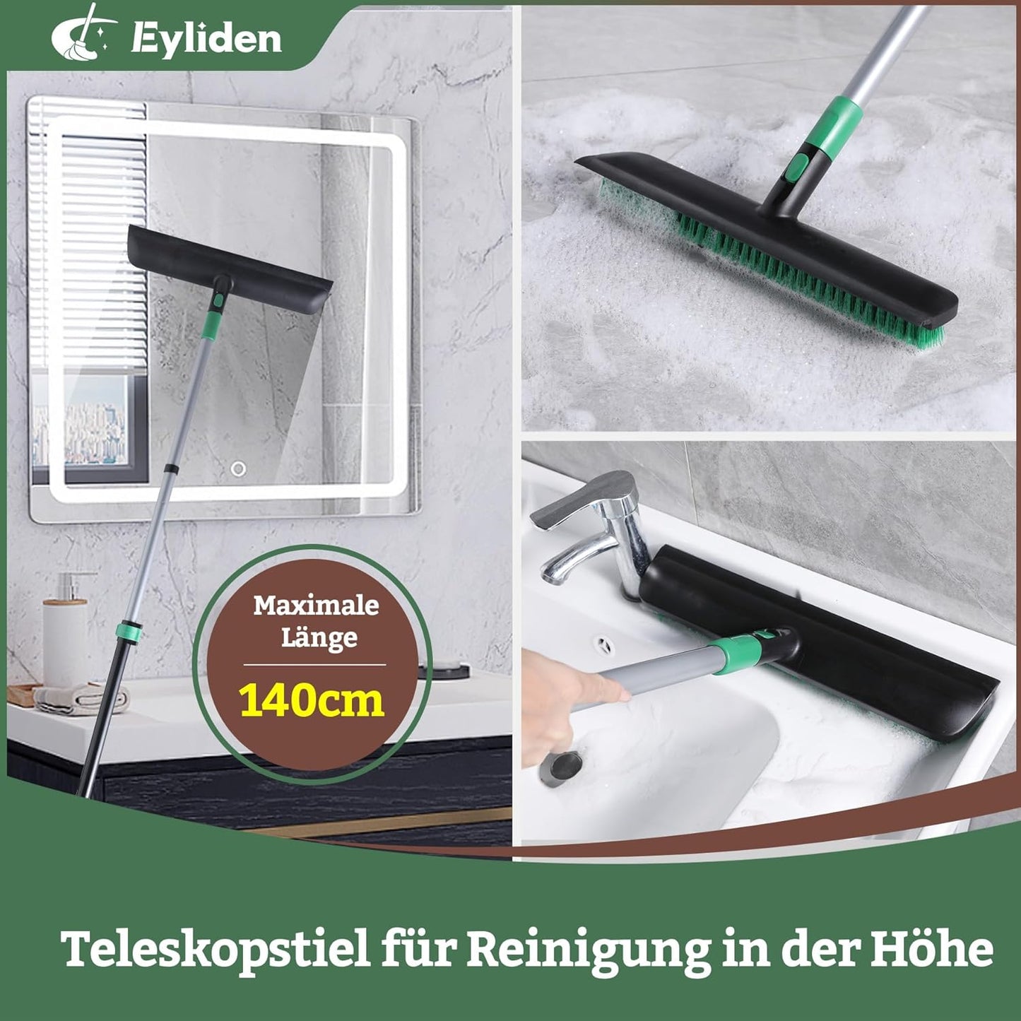 Eyliden X-Large Floor Scrub Brush, 2 in 1 Scrape Brushes with Rubber Squeegee | 55.3" Long Handle, 15" Wide Stiff Bristle Head | Floor Scrubber for Deck Kitchen Shower Bathroom Tub Tile Patio Wall