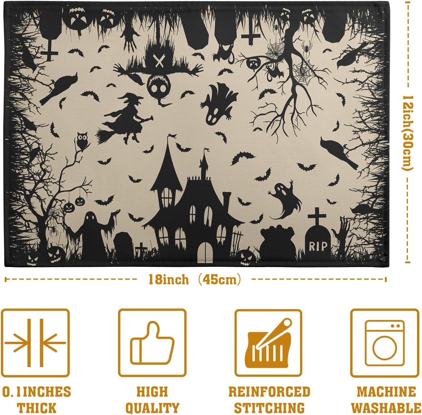 Halloween Placemats 12x18 Inch Set of 4 Black White Witch Castle Ghost Place Mats Spooky Haunted House Bats Tree Crow Table Mat for Party Kitchen Dining Outdoor Indoor Decor