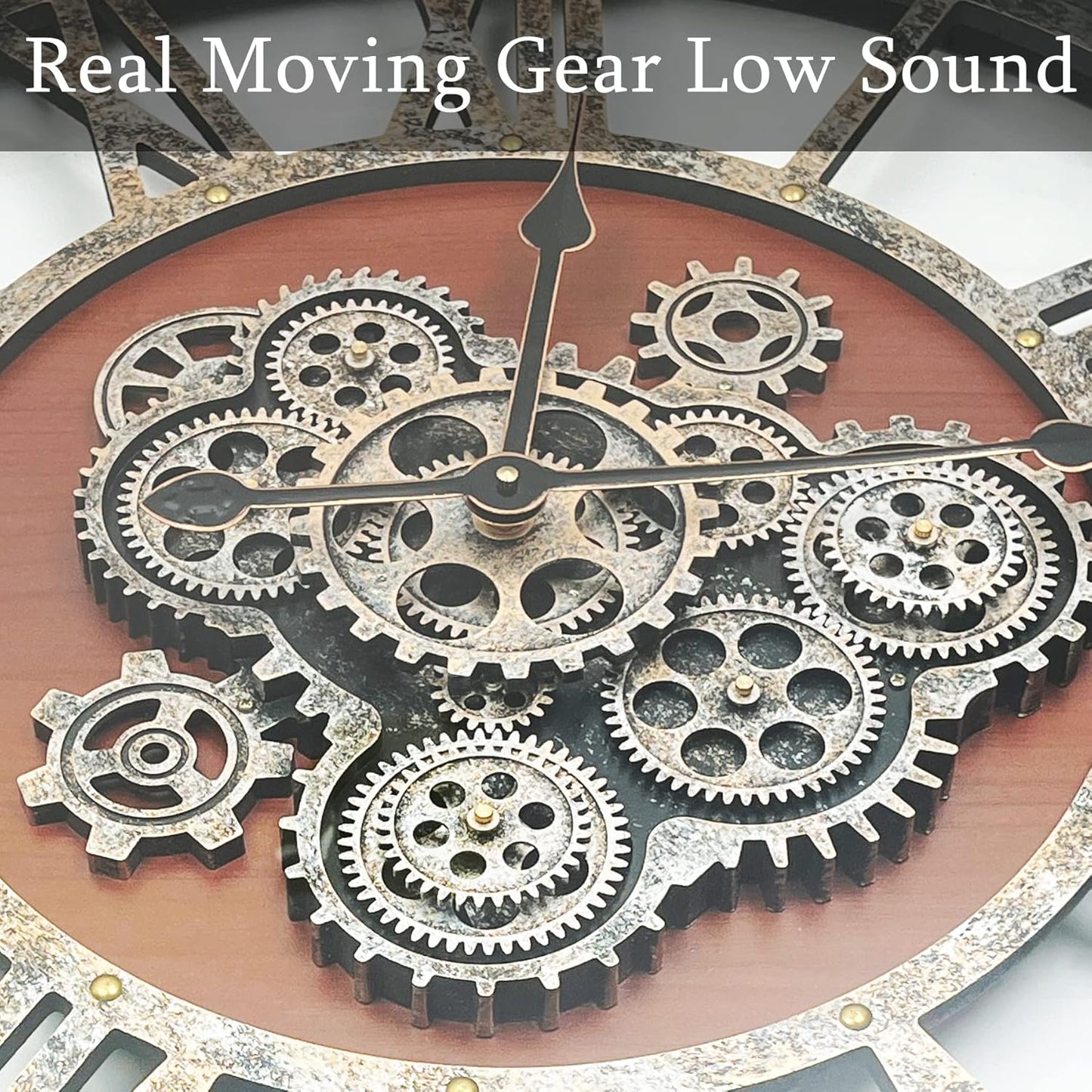 36 Inch Moving Gear Wall Clock, Oversized Wall Clocks, Clock Living Room Decor, Solid Wood Frame, Battery Operated, Large Wall Clock with Industrial for Fireplace(Black Walnut)