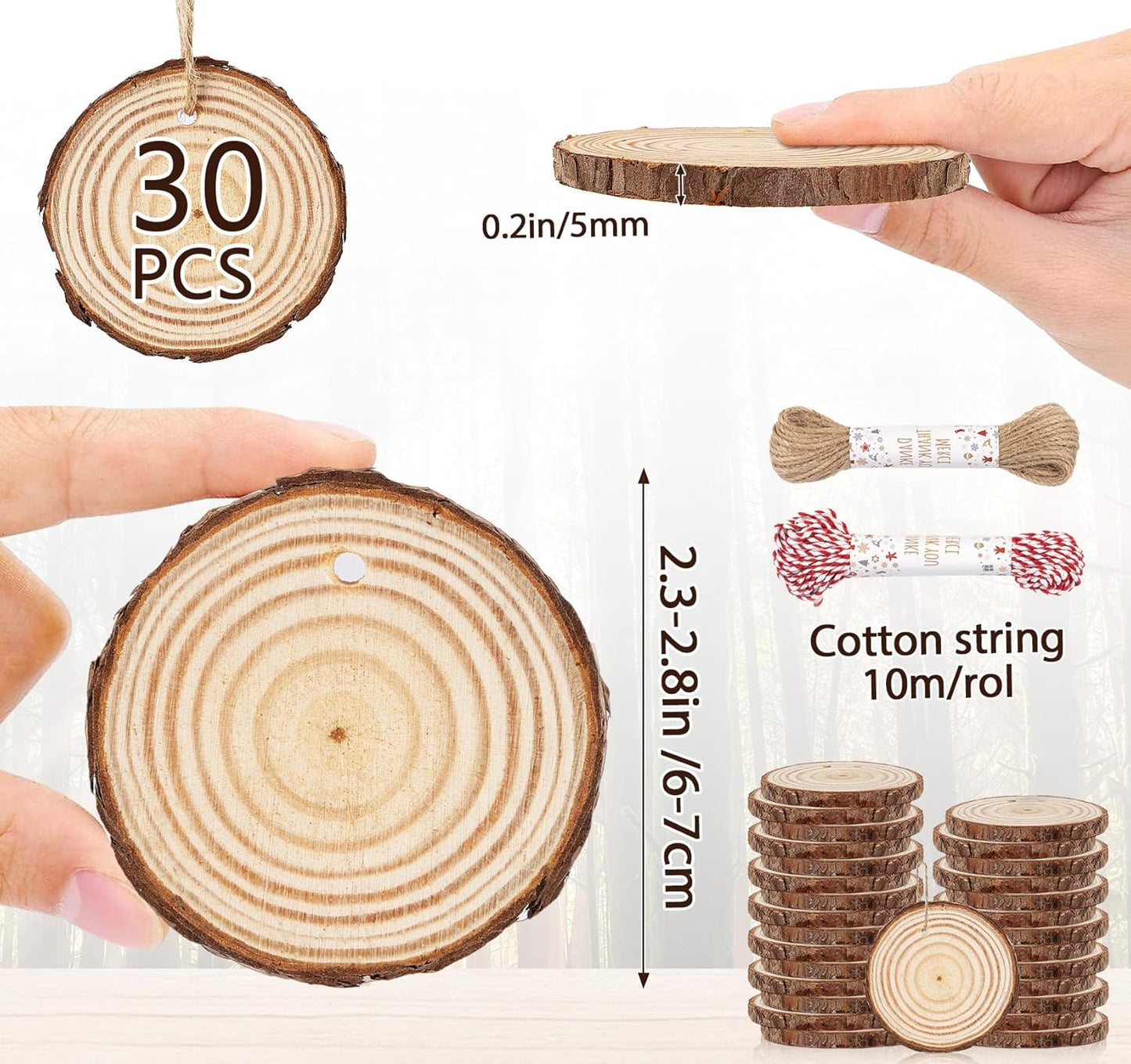 30 Pcs Wood Slices with Hole, 2.3-2.8 Inch Unfinished Wood, Wood Rounds for Crafts, Wood Crafts, Round Wood for Doodle, Splice, Paint, Art, Decorate, Ornament