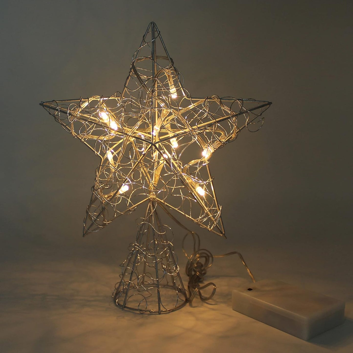 CVHOMEDECO. Silver Wire Twine Tree Top Star with Bright White LED Lights and Timer for Christmas Ornaments and Holiday Seasonal Décor, 8 x 10 Inch