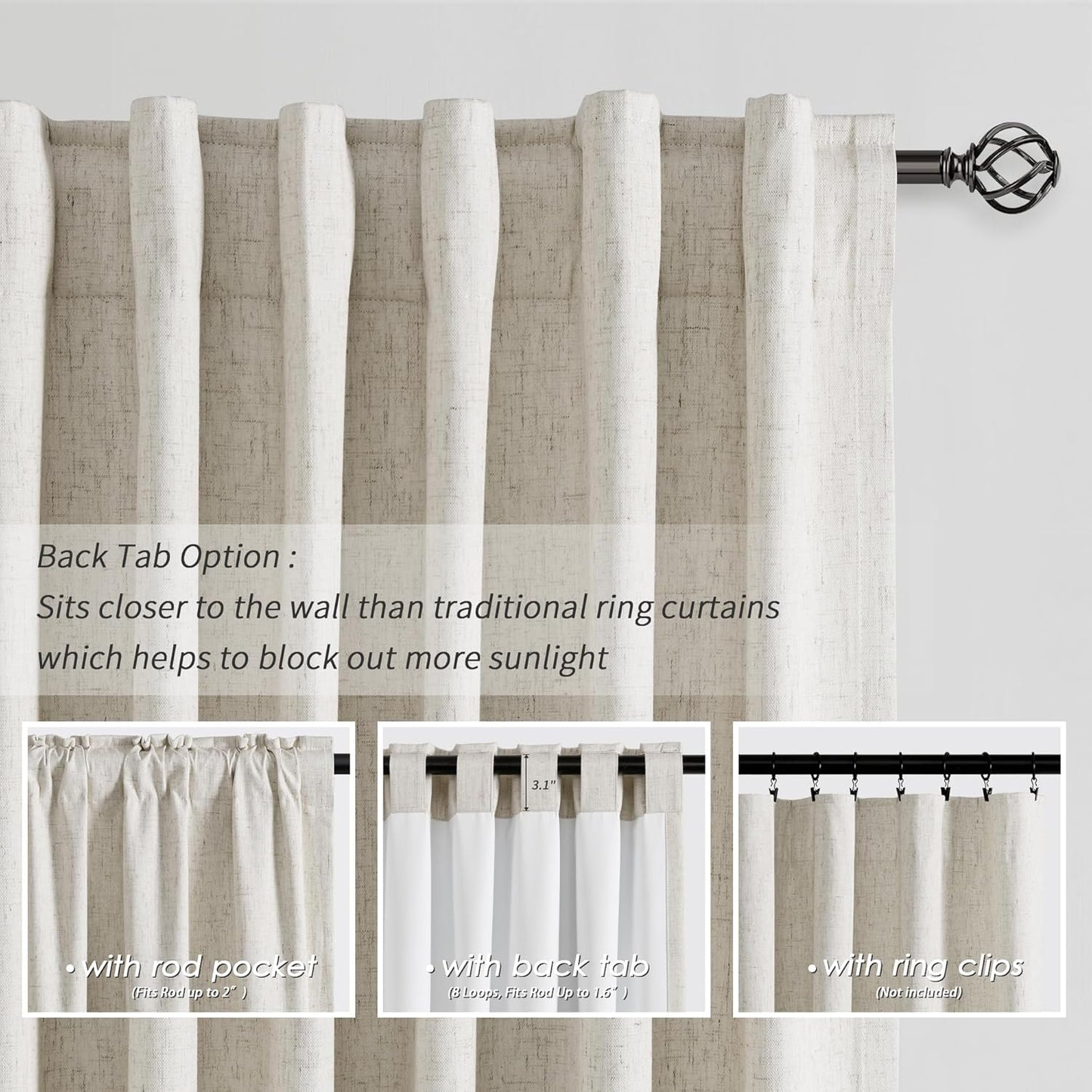 100 Inch Blackout Curtains 2 Panels Set Back Tab Thermal Insulated Natural Linen Textured Black Out Curtains Noise Reducing Cream Colored Neutral Living Room Darkening Window Drapes Pleated 52x100