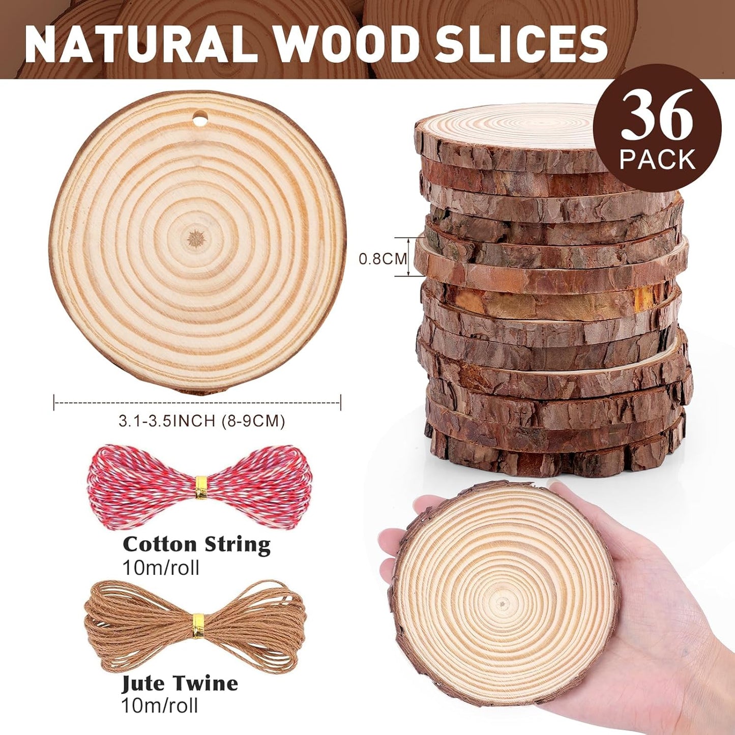 36 Pack Nature Wood Slices for Crafts,3.1-3.5In Unfinished Natural Wood Rounds.Wood Circles Predrilled with Hole and 20m Rope for Wooden Craft Supplies,Painting,Wooden Ornaments,DIY Gifts