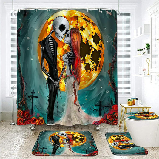NEWSUYAA Halloween Decorations Shower Curtain Set with Non-Slip Rugs and Bath Mats,Black Skull Skeleton Bathtub Curtains with 12 Hooks,All Saints'Day (Nov 1st) Bathroom Decor