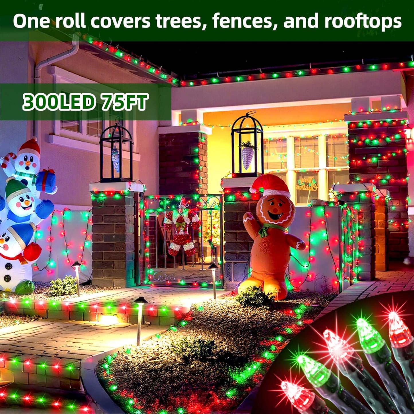300LED Christmas Lights Outdoor Indoor Use, 12 Lighting Modes 75ft Christmas Tree Lights with Timer, Dimmable Red & Green LED StringLights Waterproof for Yard Tree Wedding Party Holiday Red & Green