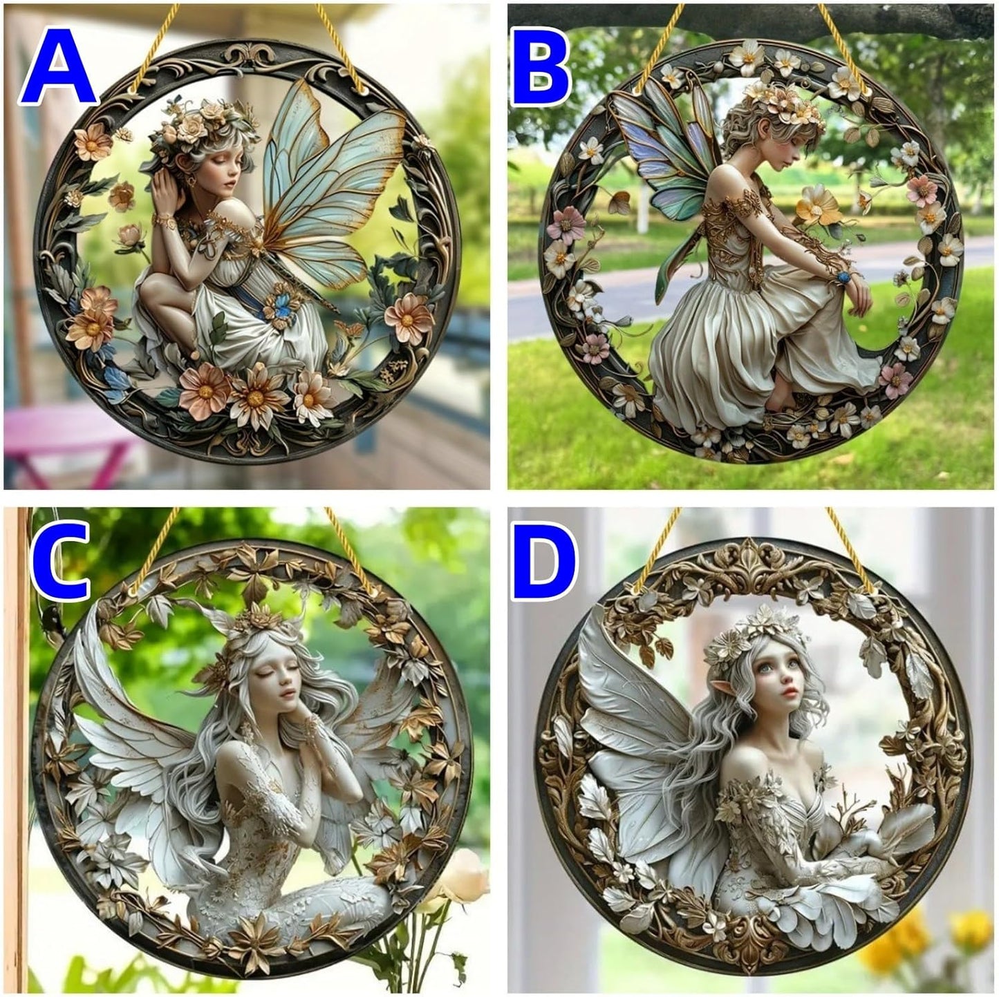 Flower Fairy Garden Decorations Angel Wing Christmas Halloween Deco Statue Art Elf Sculpture Hanging Craft for Outdoor Yard Courtyard Lawn Patio Window Acrylic Ornament Home Gift (B,S: 6*6 IN)