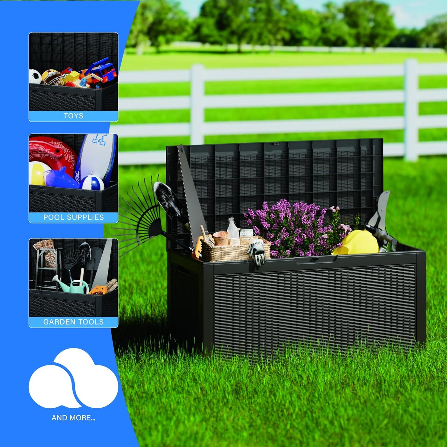 100 Gallon Double-Wall Resin Deck Box - Lockable Waterproof Outdoor Storage Box, 1000lbs Capacity & Doubles as Seating for Patio Furniture - Garden Tools, Pool Accessories (Black)