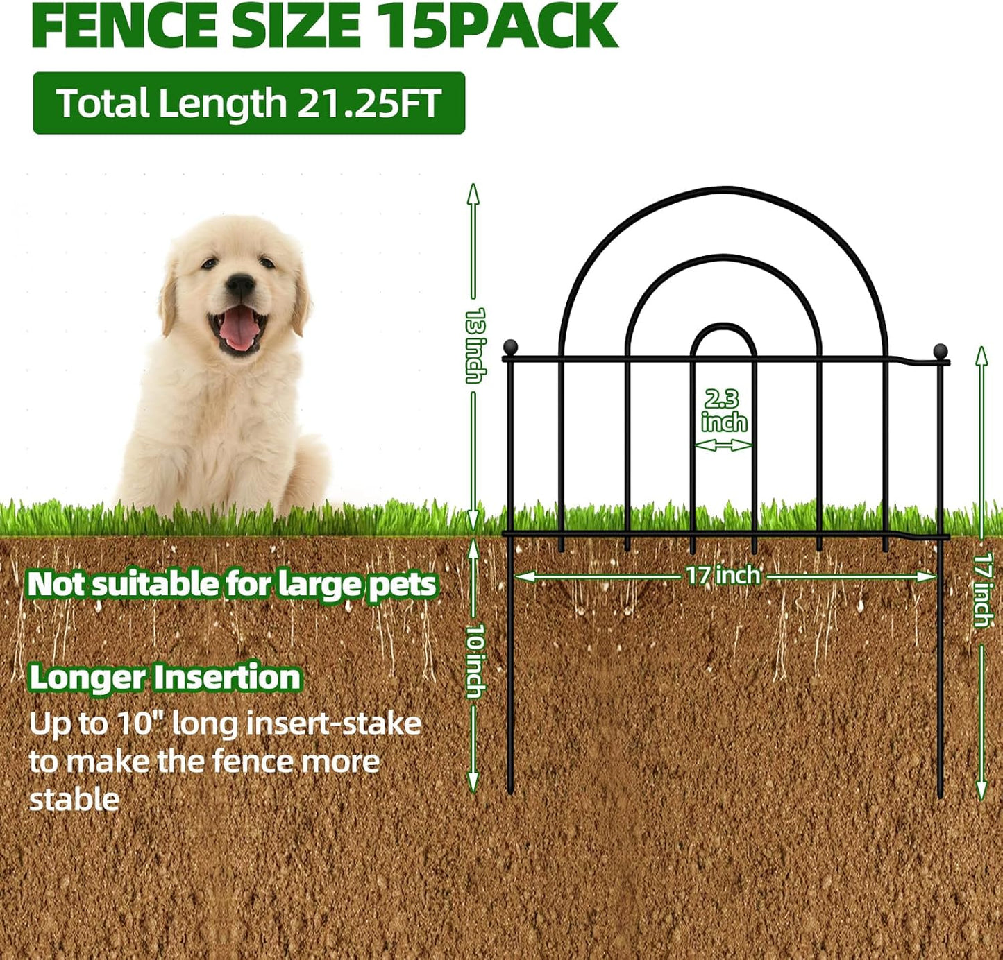 Decorative Garden Fence, 15 Panels No Dig Fence 21.25ft(L) x13in(H) Animal Barrier for Dog Rabbit, Arched Flower Bed Wire Border Rustproof Metal Panel Fencing for Yard Patio Outdoor Decor