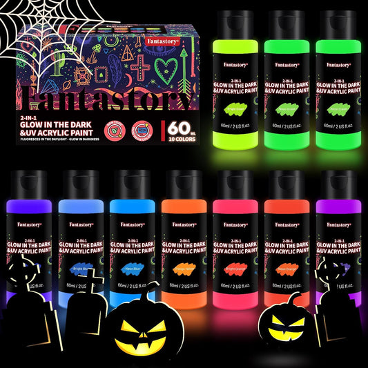 Fantastory Fluorescent Glow in the Dark Paint,60ml /2oz,Neon Colors Glow Acrylic Paints; Waterproof Blacklight Paint for Outdoor Rock,Wood,DIY Craft,Canva,Pumpkin,Halloween,Holiday Decor