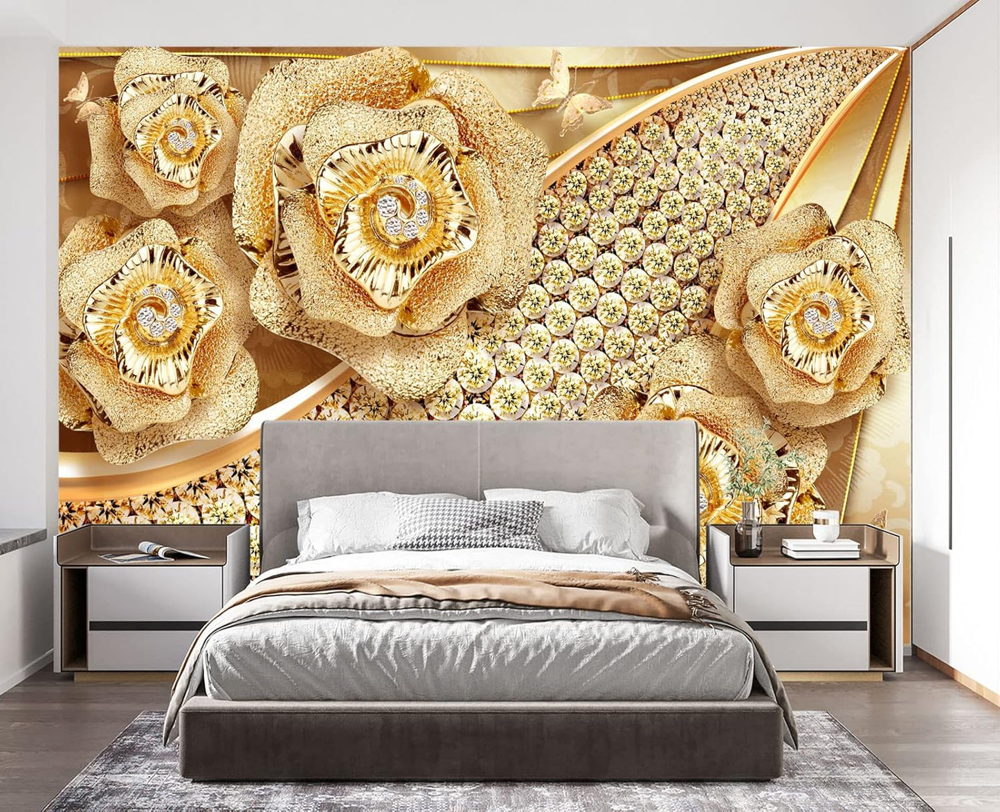 Golden Jewelry Diamond Rose Butterfly Wall Mural Wallpaper for Bedroom 137" x 100"