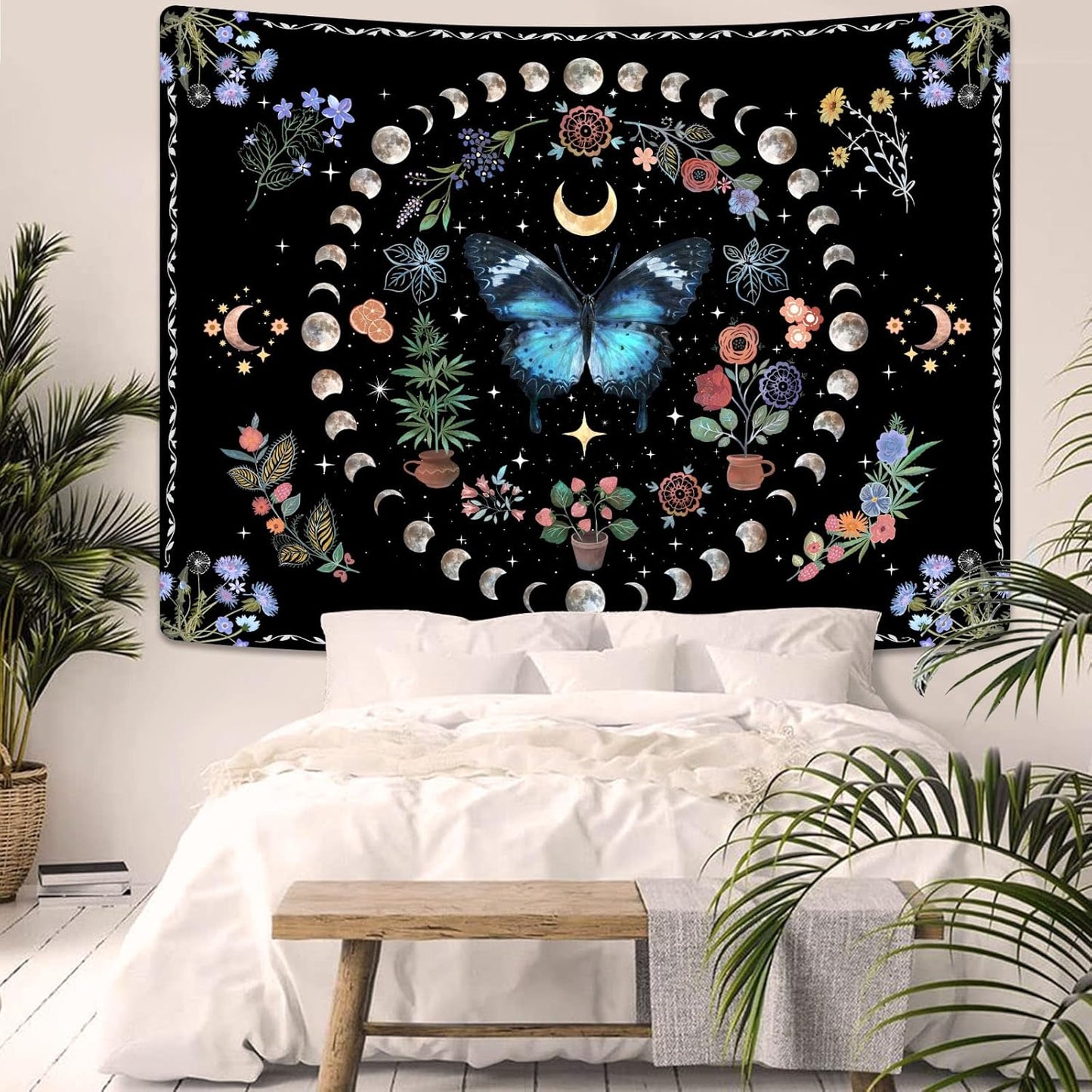 Fowocu Blue Butterfly Moon Flower Tapestry Boho Floral Plant Tapestries for Bedroom Aesthetic Nature Tapastry's Wall Hanging Mandala Botanical Wall Tapestry for Living Room Dorm (Blue, 48'' × 36'')