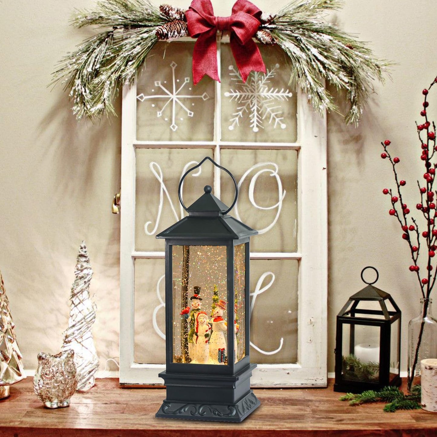 Eldnacele Singing Battery Operated Musical Lighted Christmas Snowman Water Glittering Swirling Snow Globe Lantern with Music Christmas Home Decoration and Gift, Snowman Family
