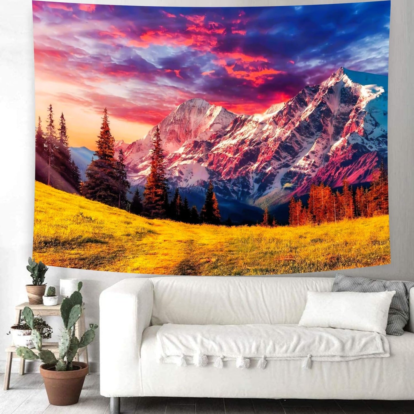 Delur Mountain Tapestry Sunset Forest Tree Nature Tapestry Wall Hanging Sunrise Psychedelic Scenic Landscape Headboard for Bedroom Living Room Home Decor (59.1" x 78.7")