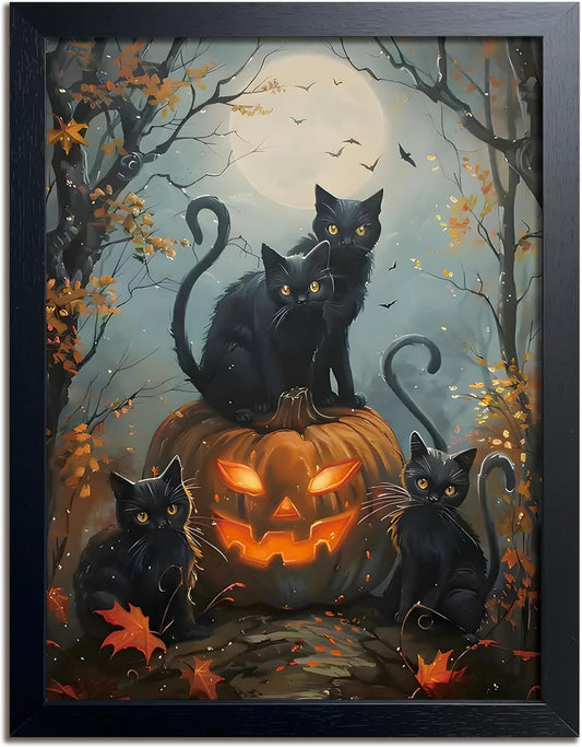 Halloween Black Cat Wall Art, Dark Academia Spooky Pumpkin Poster Wall Decor, Vintage Gothic Witchy Cat Canvas Print, for Bedroom Living Room Aesthetic Decor 12x16 Inch Wood Framed