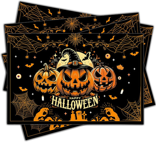 Halloween Spooky Placemats Set of 4, 12x18 Inch Pumpkin Bat Table Mats, Washable Heat Resistant Place Mats for Kitchen Dining Table, Halloween Themed Decoration for Home-B05