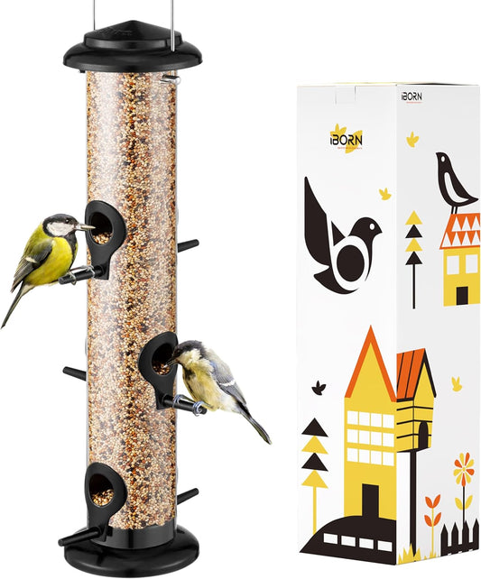 iBorn Metal Bird Feeders Black Wild Bird Feeder for Outdoors Hanging All Metal Black Finishing 14 Inch 6 Port(Seed is not Included)