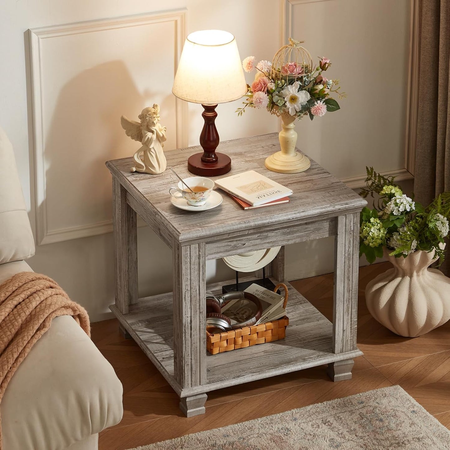 Farmhouse End Table,Large Side Table with 2-Tier Storage Shelf,Rustic Wood End Tables for Living Room,Square Tea Table,Gray