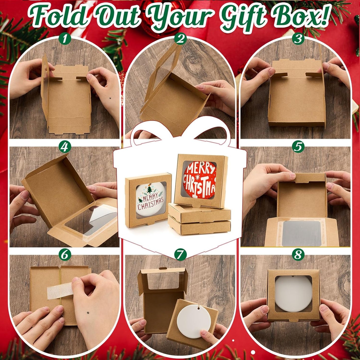 25 Pcs Sublimation Ornament Blanks Box 3.6"x3.6"x0.7" Christmas Ornaments Holder Ceramic Discs Packaging Box with Window for Personalized Xmas Tree Blanks Bulk (Kraft Paper)