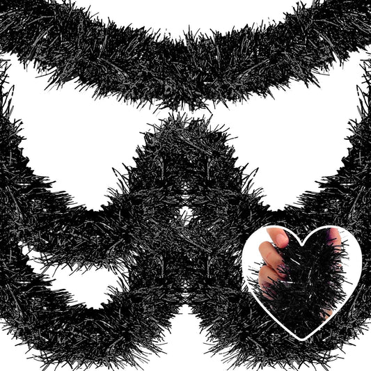 25 Feet Metallic Twist Tinsel Garland - Wall Hanging Backdrop for Parade Floats, Christmas Eve, New Year, Valentine's Day Parties (Black, 4in x 25ft)