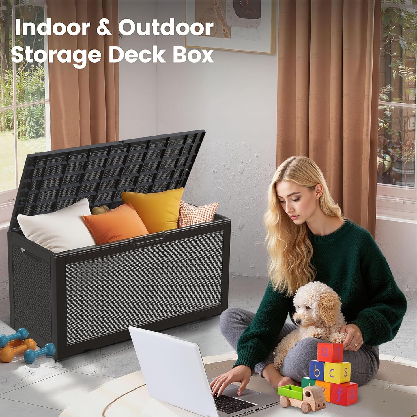 100 Gallon Storage Box, Waterproof Resin Deck Box with Hydraulic Piston Design, Lockable Storage Bench for Package Delivery, Storage Bin for Patio Cushions, Garden Tools, Black