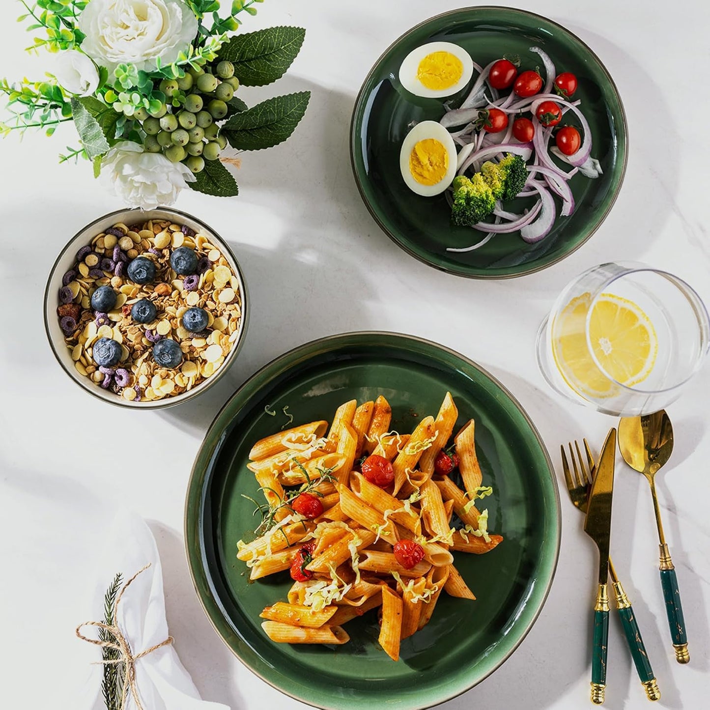 GBHOME Ceramic Dinnerware Sets with Pasta Bowl, 16 pcs Stoneware Dinnerware Set, Plates and Bowls Sets, Dishwasher & Microwave Safe, Dishes Set | Service for 4